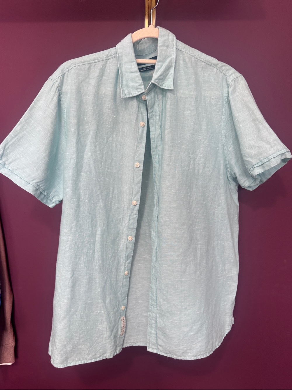 Perry Ellis Men's Light Blue Short Sleeve Linen Blend Button-Up Shirt
